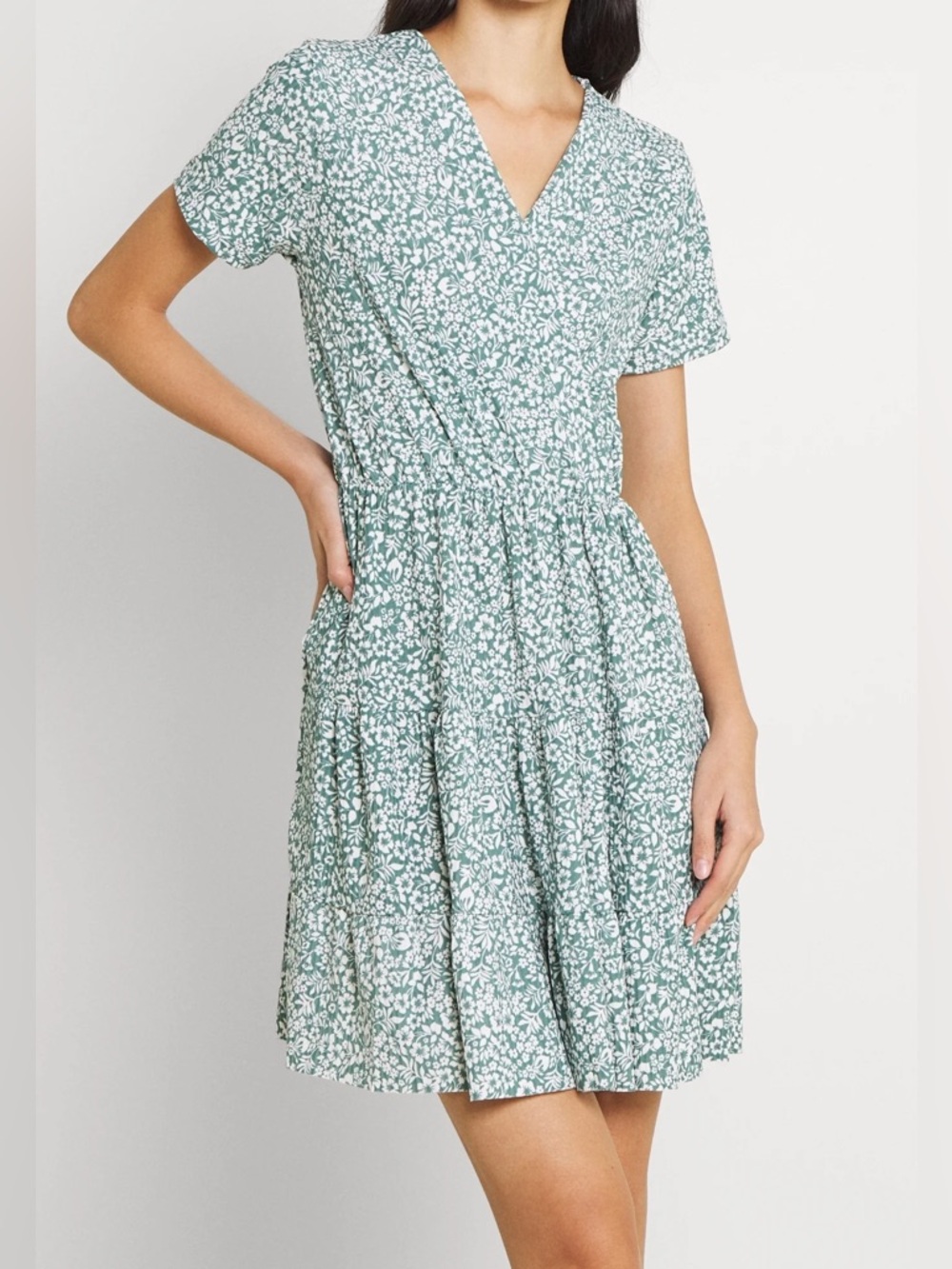 TRENDYOL White Flowers Green Ribbed Faux Wrap Dress with Ruffles on the Bottom